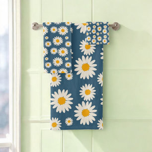 Navy Daisy Floral Bohemian Botanical Pattern Bath Towel Set