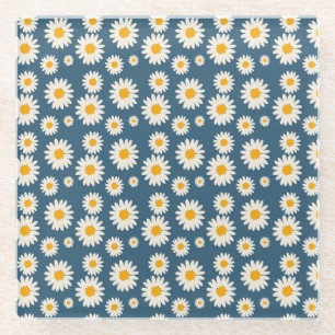 Navy Daisy Floral Bohemian Botanical Pattern Glass Coaster