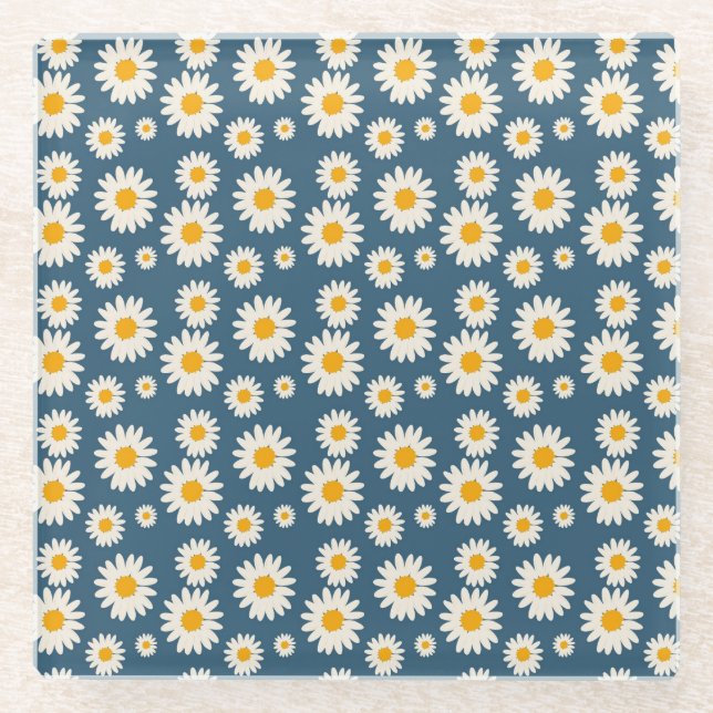 Navy Daisy Floral Bohemian Botanical Pattern Glass Coaster (Front)