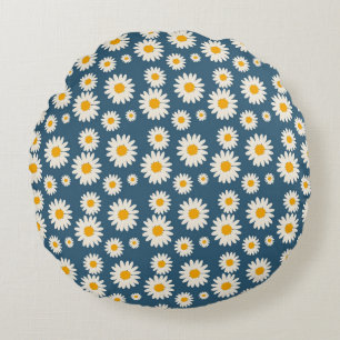 Navy Daisy Floral Bohemian Botanical Pattern Round Cushion