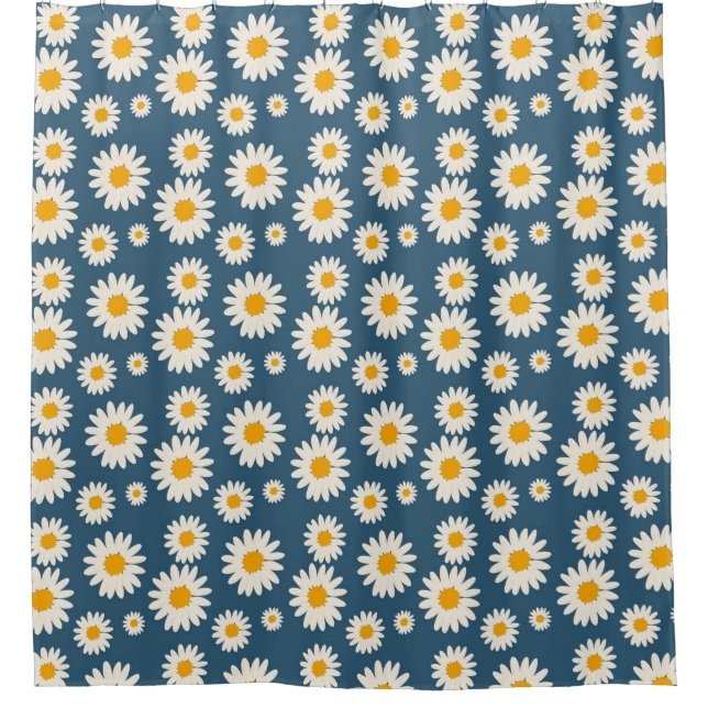 Navy Daisy Floral Bohemian Botanical Pattern Shower Curtain (Front)