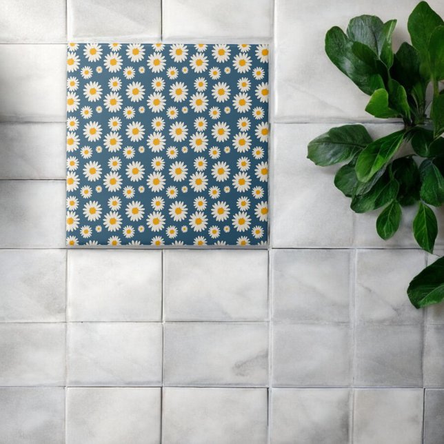 Navy Daisy Floral Bohemian Botanical Pattern Tile (Creator Uploaded)