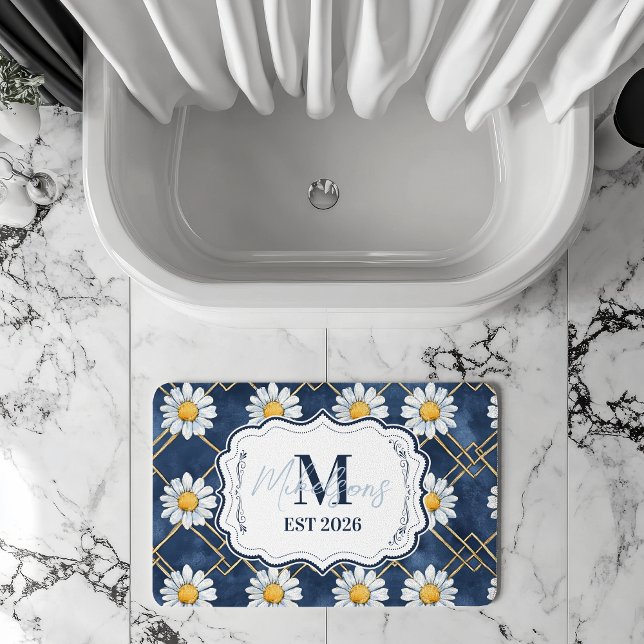 Navy Daisy Gingham Monogram Decor Bath Mat (Creator Uploaded)