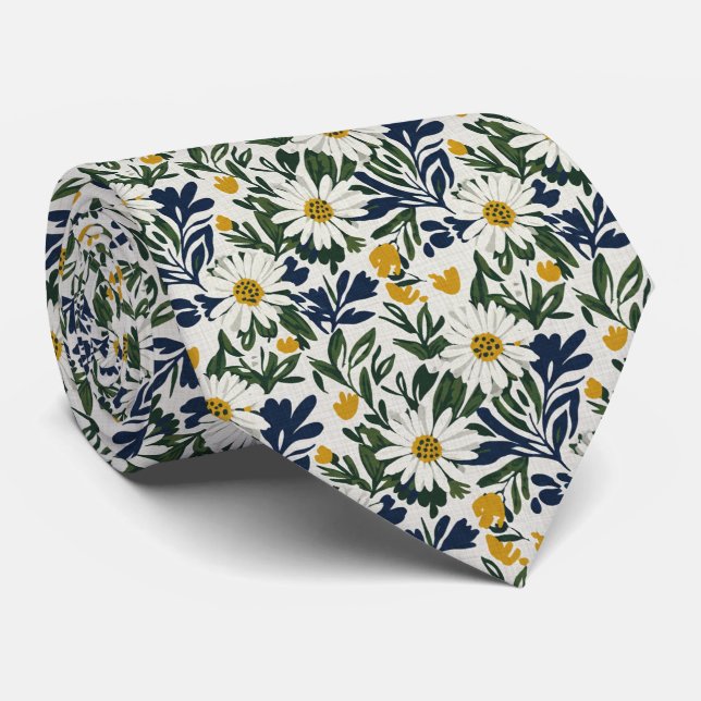 Navy Daisy & Mustard Floral  Tie (Rolled)