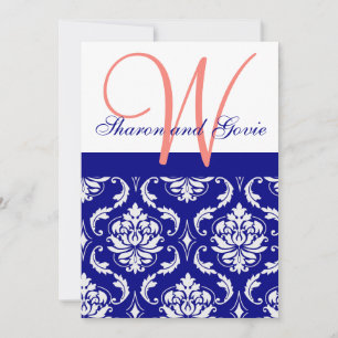 Navy Damask Coral Monogram Wedding Invitation