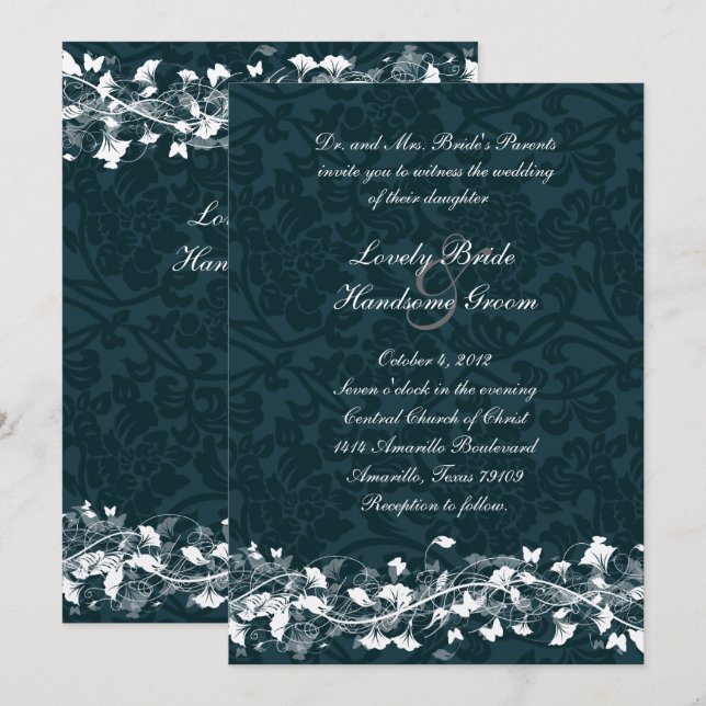 Navy Damask Cream Floral Wedding Invitation (Front/Back)
