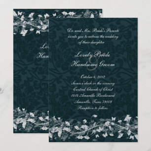 Navy Damask Cream Floral Wedding Invitation