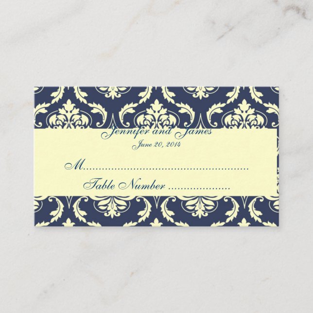 Navy Damask Cream Wedding Place Card (Front)