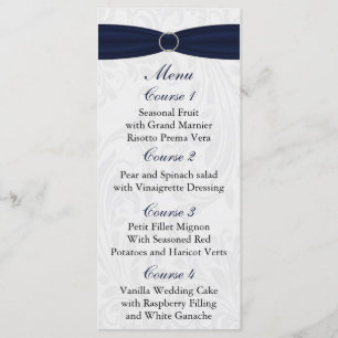 Navy damask FAUX ribbon diamante buckle Wedding Menu