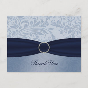Navy damask FAUX ribbon diamante buckle Wedding Postcard