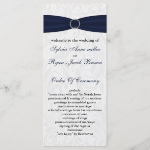 Navy damask FAUX ribbon diamante buckle Wedding Programme