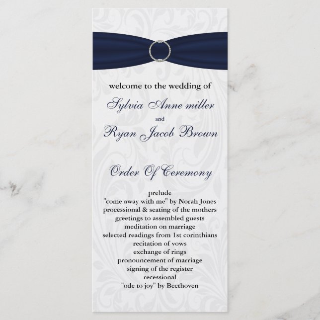 Navy  damask FAUX ribbon diamante buckle Wedding Programme (Front)