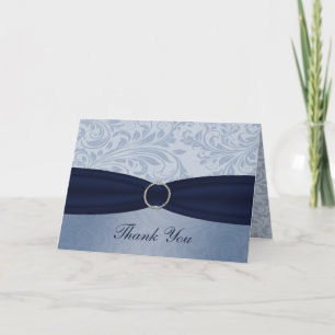 Navy damask FAUX ribbon diamante buckle Wedding Thank You Card