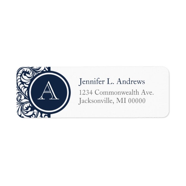 Navy Damask Monogram Address Return Labels (Front)