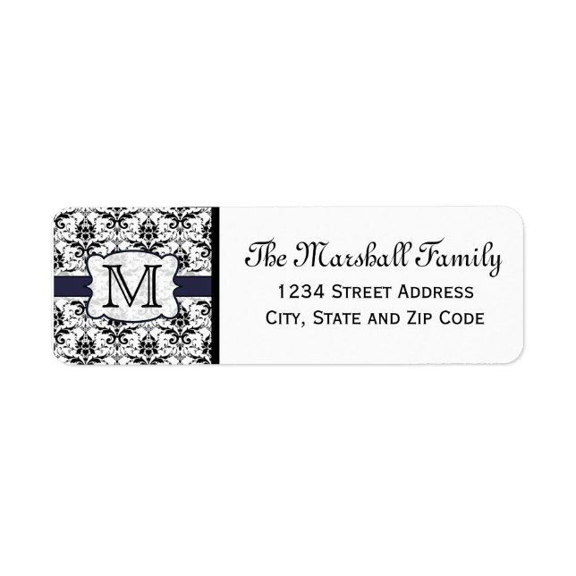 (Navy) Damask Monogram Return Address Labels (Front)