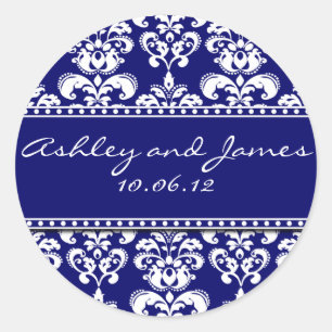 Navy Damask Names and Date Wedding Stickers