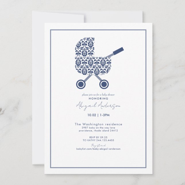 Navy Damask Pram Baby Shower Invitation (Front)
