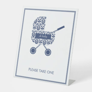  Navy Damask Pram Please Take One Baby Shower Pedestal Sign
