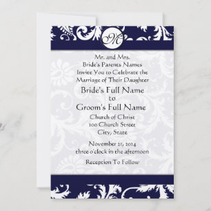 Navy Damask Swirls Wedding Invitation