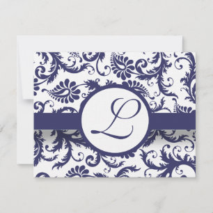 Navy Damask Swirls Wedding Invitation