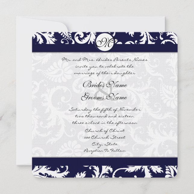 Navy Damask Swirls Wedding Invitation (Front)