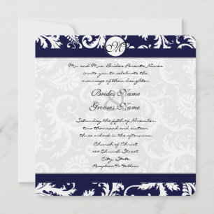 Navy Damask Swirls Wedding Invitation