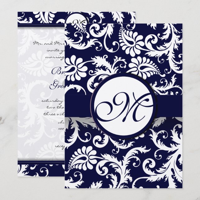 Navy Damask Swirls Wedding Invitation (Front/Back)