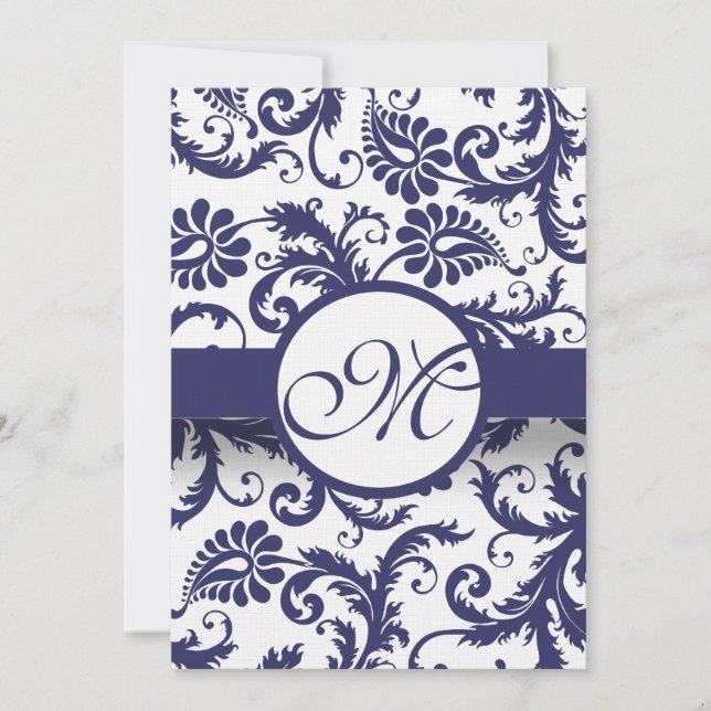 Navy Damask Swirls Wedding Invitation on Linen (Front)