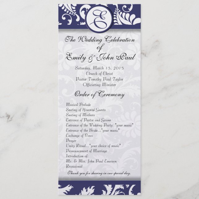 Navy Damask Swirls Wedding Program Programme (Front)