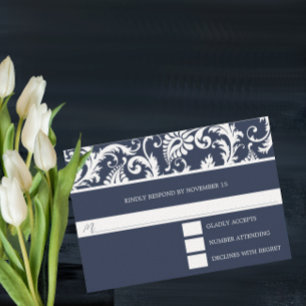 Navy Damask Swirls Wedding Response Card RSVP