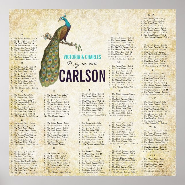 Navy Damask Vintage Modern Peacock Seating Chart (Front)