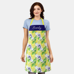 Navy Damask with Yellow Lemons Pattern Apron
