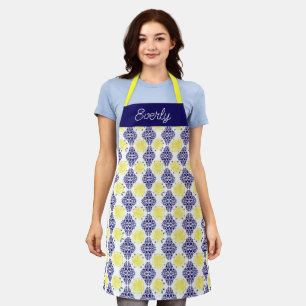 Navy Damask with Yellow Lemons Pattern Apron