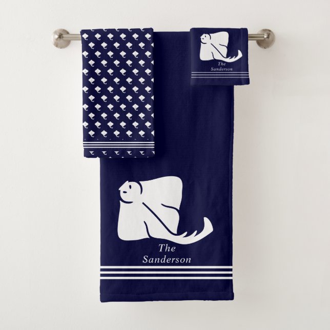 Navy Dark Blue Coastal Nautical Stingray Manta Ray Bath Towel Set (Insitu)