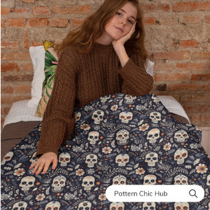 Navy Dark Blue Floral Skull White Cross Modern  Fleece Blanket
