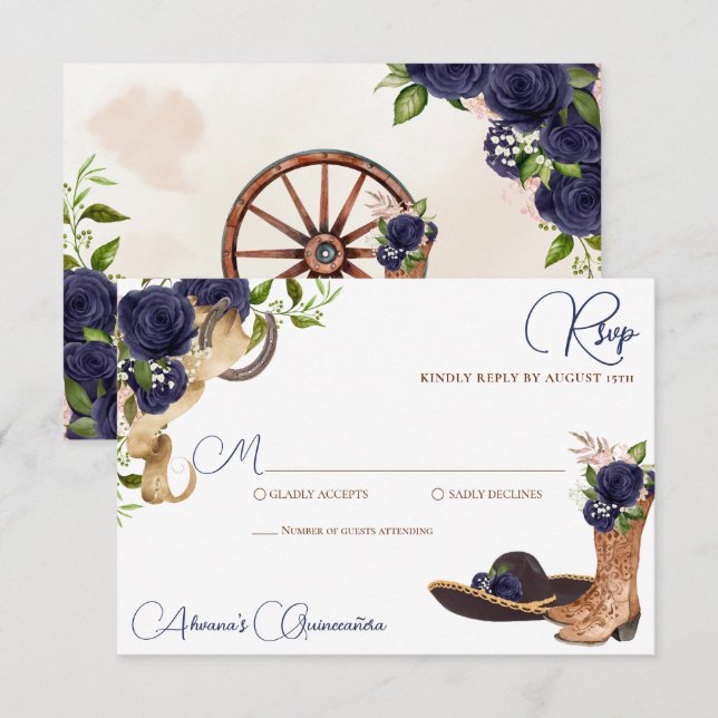 Navy Dark Blue Rose Charro Western Quinceanera RSVP Card (Front/Back)