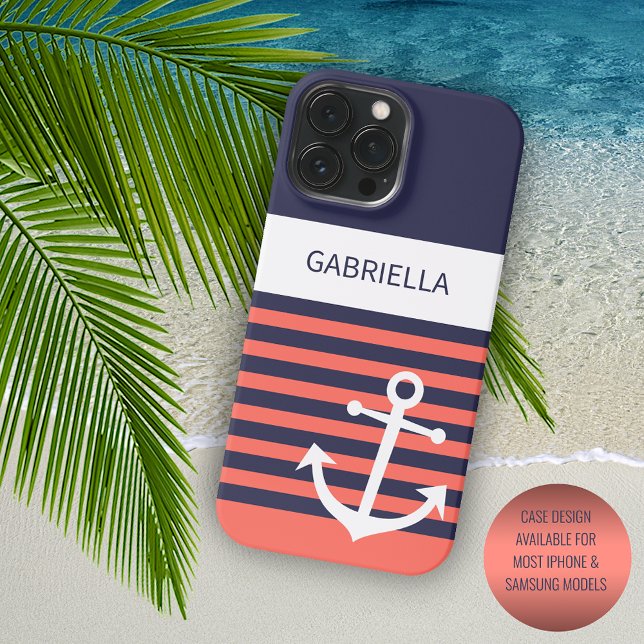 Navy Dark Blue White Peach Red Orange Stripes iPhone Case (Creator Uploaded)