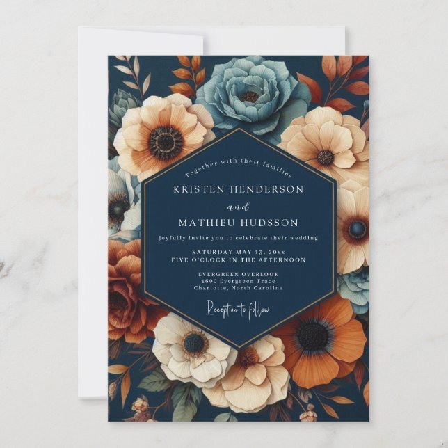 Navy Deep Floral Opulent Wedding Invitation (Front)
