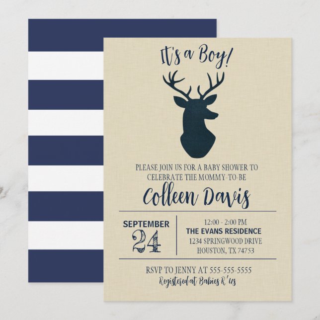 Navy Deer Baby Shower Invitation (Front/Back)