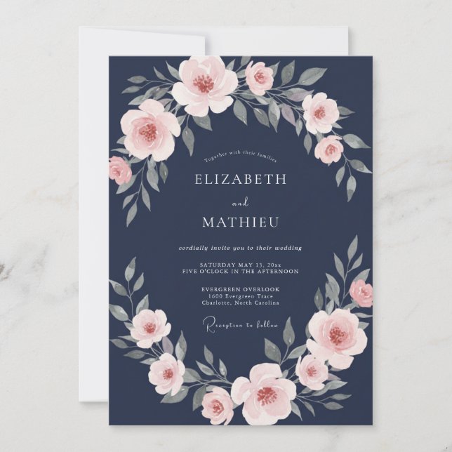 Navy Delicate Bloom Wedding Invitation (Front)