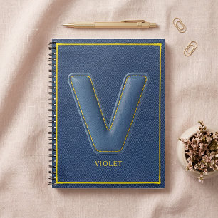Navy Denim Yellow Stitch Faux Leather V Initial Notebook