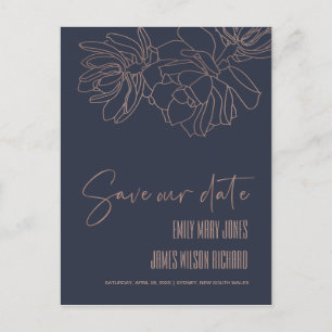 NAVY DESERT CACTI SUCCULENT SKETCH SAVE THE DATE ANNOUNCEMENT POSTCARD