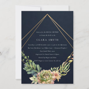 NAVY DESERT SUCCULENT CACTI FOLIAGE BRIDAL SHOWER INVITATION