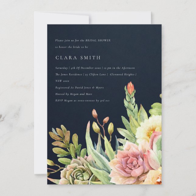 NAVY DESERT SUCCULENT CACTI FOLIAGE BRIDAL SHOWER INVITATION (Front)