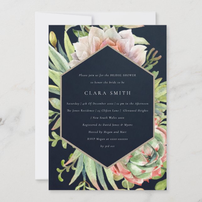 NAVY DESERT SUCCULENT CACTI FOLIAGE BRIDAL SHOWER INVITATION (Front)