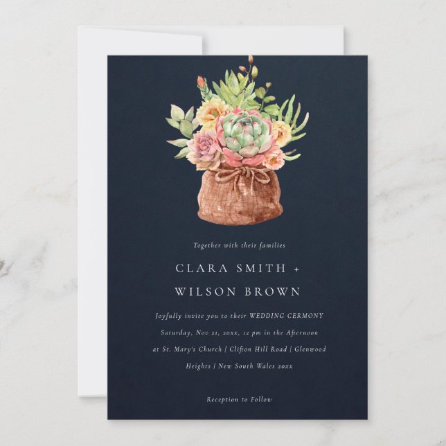 NAVY DESERT SUCCULENT CACTI FOLIAGE BUNCH WEDDING INVITATION (Front)