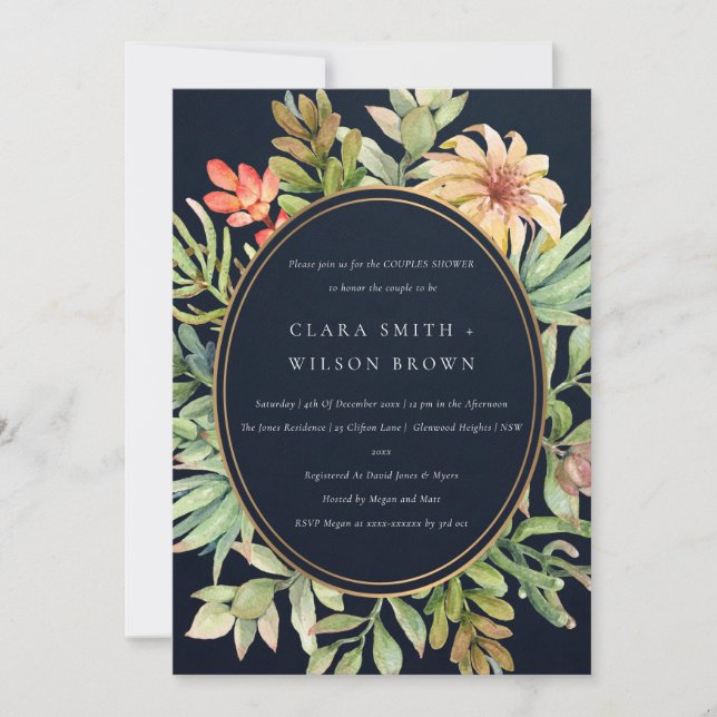 NAVY DESERT SUCCULENT CACTI FOLIAGE COUPLE SHOWER INVITATION (Front)