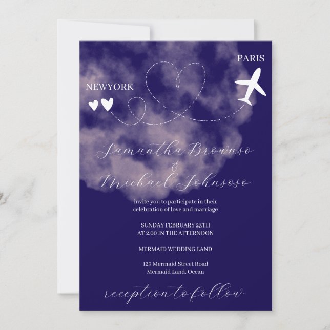 Navy Destination plane flight abroad wedding Invitation (Front)