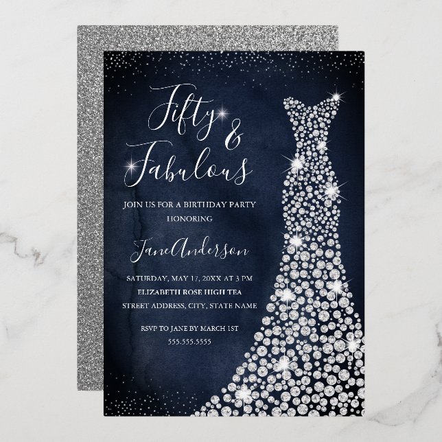  Navy Diamond Dress 50 & Fabulous Birthday Foil (Front/Back)