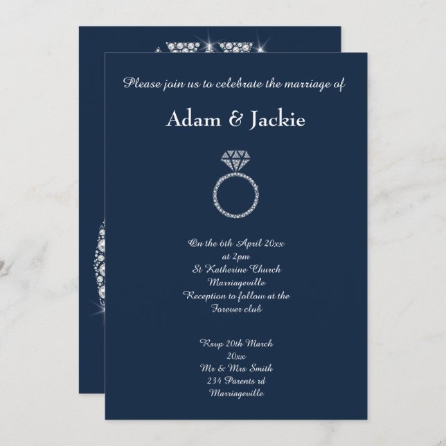 Navy Diamond RING ELEGANT WEDDING Invitation (Front/Back)